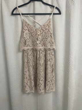 Lace Overlay Spaghetti Strap Dress in Beige